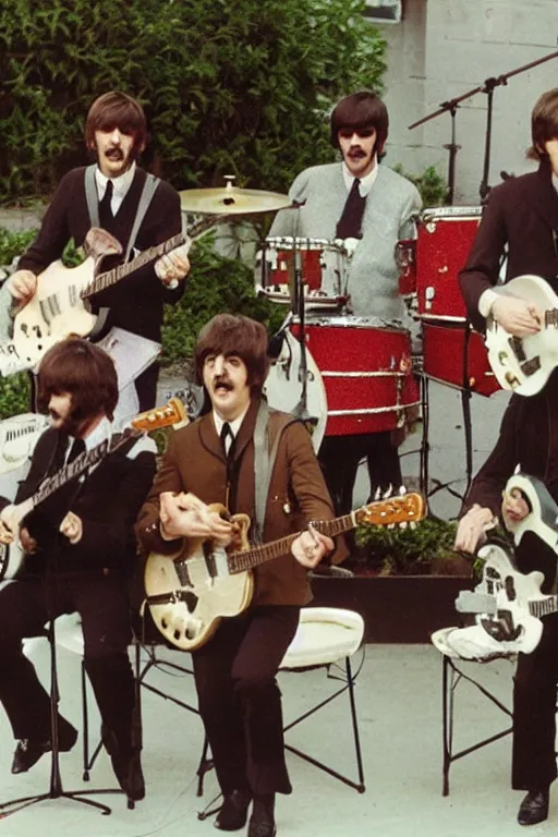 Prompt: beatles group playing music made out of crochet