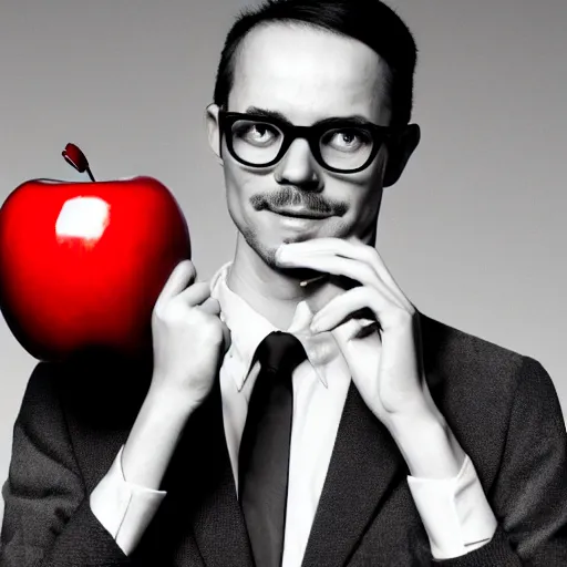 Prompt: monochrome tommy ingberg portrait of a bespectacled man with a red apple hovering above him high definition