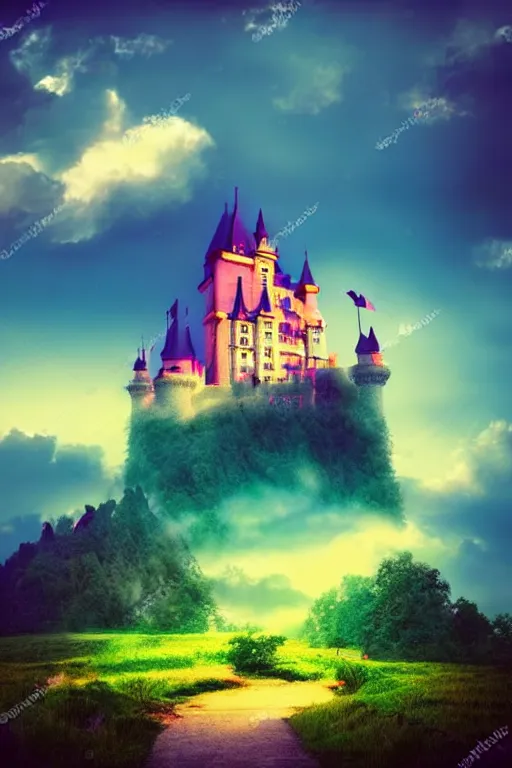 Prompt: beatiful castle in the clouds, romantic, atmospheric, wide shot, vaporwave colors