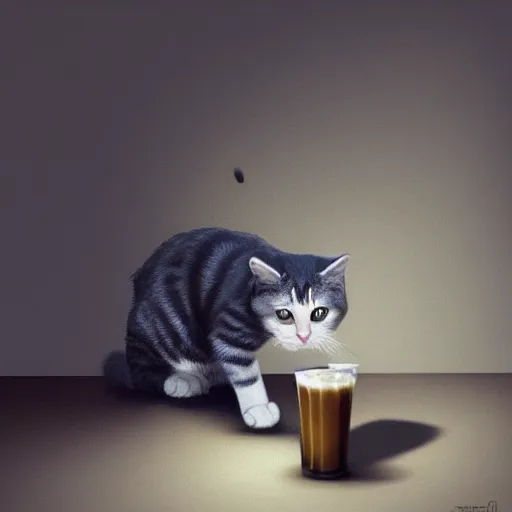 Prompt: cat drinking milk in a modern house concept art, sharp focus, digital art, Hyper-realistic, 4K, Unreal Engine, Highly Detailed, HD, Dramatic Lighting by Brom, trending on Artstation