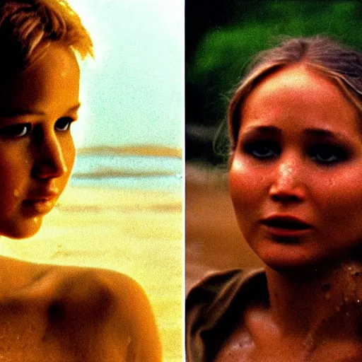 Prompt: film still, close up, jennifer lawrence rising out of muddy vietnam river, face covered in mud, low camera angle at water level, night time, film still from apocalypse now ( 1 9 7 9 ), 2 6 mm.