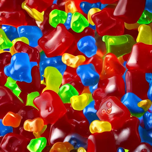 Prompt: gummi bears free candy prisoners from the candy store, ornate, highly detailed, UE5, 3D render, movie still