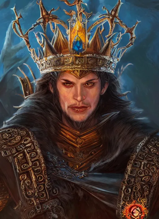 Image similar to evil king wearing diamong crown, ultra detailed fantasy, dndbeyond, bright, colourful, realistic, dnd character portrait, full body, pathfinder, pinterest, art by ralph horsley, dnd, rpg, lotr game design fanart by concept art, behance hd, artstation, deviantart, hdr render in unreal engine 5