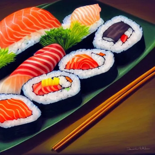 Prompt: sushi platter, realistic, photorealism, beautiful morning light