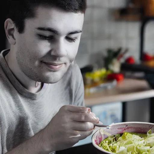 Image similar to young man eating cabbage soup
