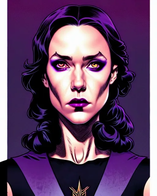 Image similar to rafael albuquerque comic cover art, artgerm, joshua middleton, pretty stella maeve witch doing black magic, serious look, purple dress, symmetrical eyes, symmetrical face, long black hair, full body, twisted evil dark forest in the background, cool colors