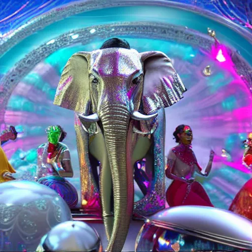 Prompt: 1 9 7 0's bollywood movie octane render, weta digital, cinema 4 d, an elephant wearing a silver latex suit and an iridescent metal helmet surrounded by women dancing in colorful flowing intricate dresses on a tropical alien planet