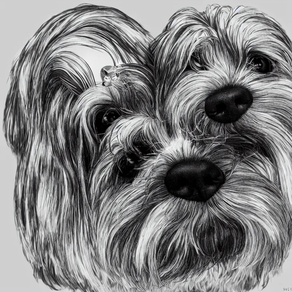 Image similar to full length portrait of a havanese dog reflected in a chrome sphere, ultra wide 1 0 mm, by m c escher pen and paper