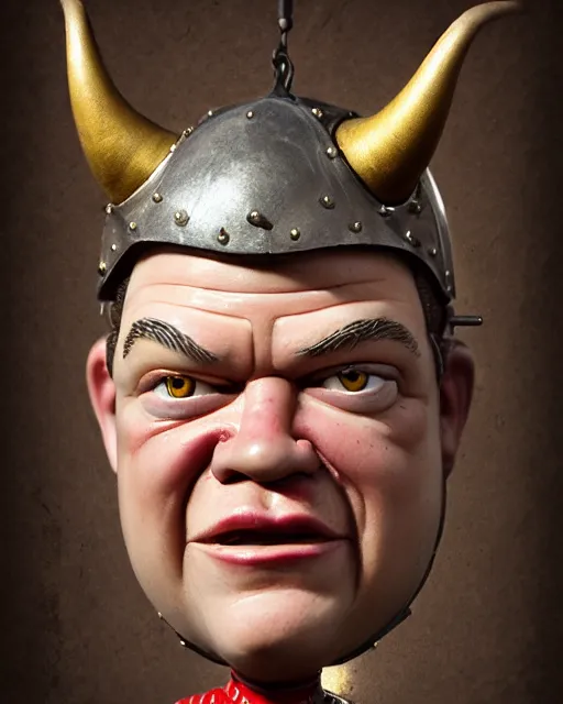 Image similar to highly detailed closeup, face profile portrait of a tin toy matt damon as a medieval demon with horns eating cakes in a castle, hyper realistic, artstation, illustration, nicoletta ceccoli, mark ryden, lostfish, dan decarlo, bob clampett, max fleischer, digital paint, matte paint, vivid colors, detailed and intricate environment