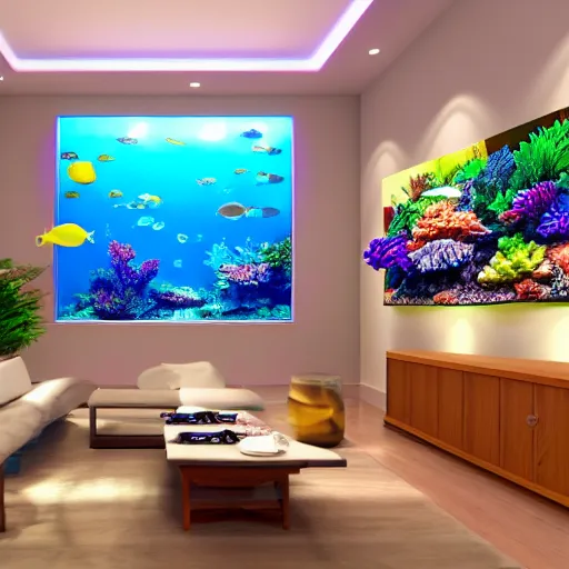 Prompt: realistic designed photo of the big modern room as aquarium with a beautiful fishes and corals, realistic colors, realistic shadows, daylight made by blender and cinema 4 d, 3 d