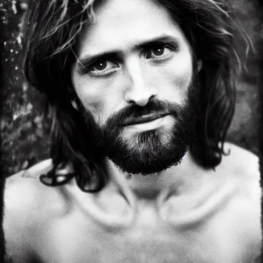 Image similar to photograph portrait of Jesus Christ, B&W, Vogue photoshoot, modelling photography, taken on 1970s kodak camera, grainy, fashionable, 4k, very realistic, hiper detailed