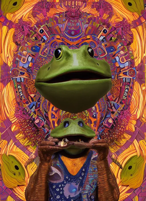 Prompt: zulu shaman sitting inside mouth of large wooden frog. flower fractals in he background. a matte symmetrical portrait award winning abstract art at the tate modern art gallery. by rhads and anato finnstark and alphonse mucha