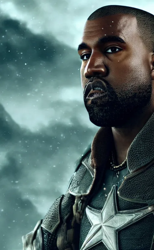 Image similar to Portrait of Kanye West as ((Captain America)) in Skyrim, splash art, movie still, cinematic lighting, dramatic, octane render, long lens, shallow depth of field, bokeh, anamorphic lens flare, 8k, hyper detailed, 35mm film grain