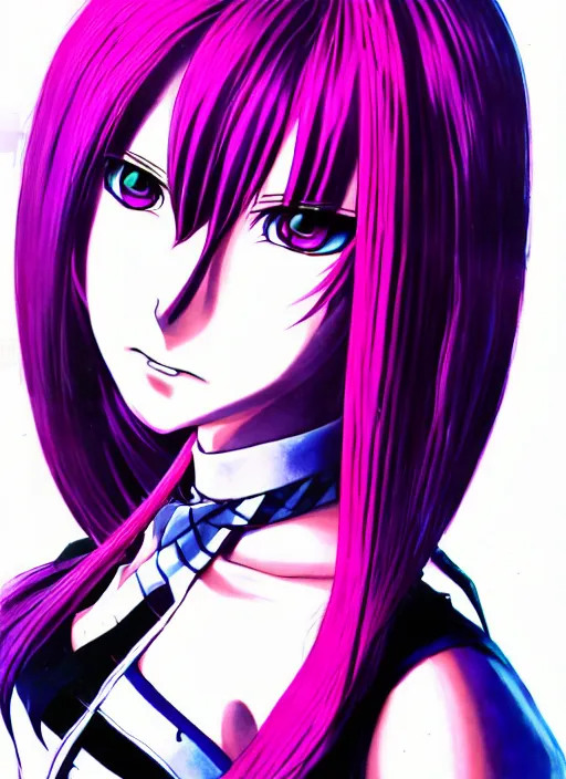 Prompt: frontal portrait of an anime girl with long pink hair wearing a 1 9 7 0's dress, shin megami tensei character art, art by kazuma kaneko, official atlus co. media, digital drawing, white background, very high quality, very highly detailed