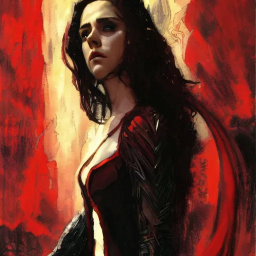 Image similar to alison brie as kristen stewart as iron scarlet witch, intricate, elegant, highly detailed, greg manchess, mucha, liepke, ruan jia, jeffrey catherine jones, ridley scott