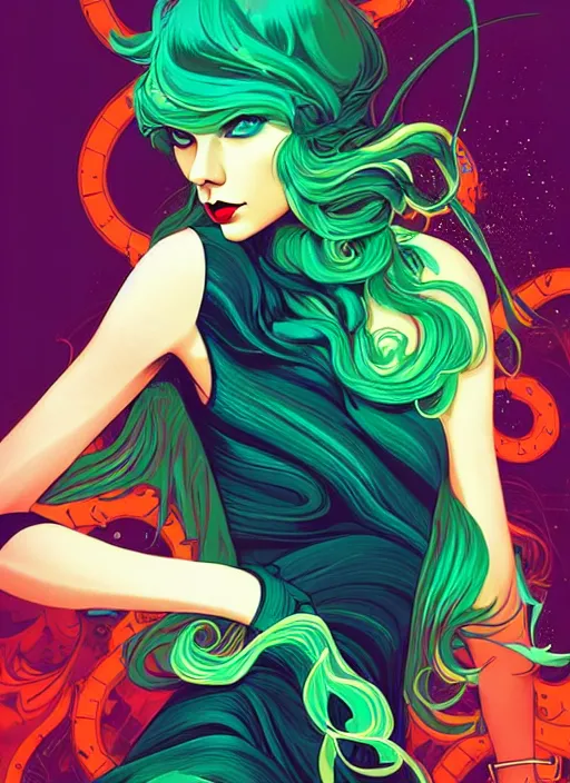 Prompt: style artgerm, joshua middleton, taylor swift with green dress, very long blue hair, swirling water swirling, symmetrical face, symmetrical eyes, steampunk cyberpunk,, cinematic lighting