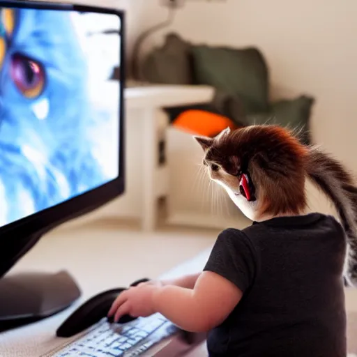 Image similar to Kitten playing video games in an bedroom, looking at a colorful computer monitor, wearing black headphones