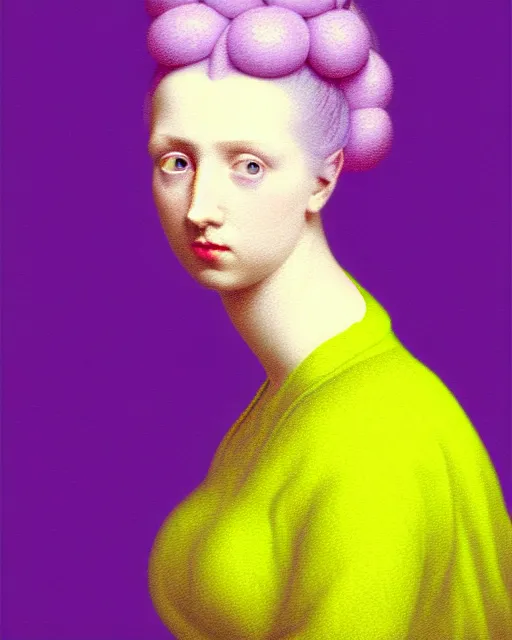 Image similar to photo-realistic portrait of a young pale woman with lilac hair buns, wearing a neon yellow dress by Vivienne Westwood, intricate details, cyberpunk, super-flat, in the style of Jean Auguste Dominique Ingres, black background