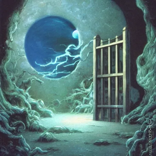 Prompt: gate portal with another world visible inside style studio ghibli and Gerald Brom, dreamy, mystical, dark