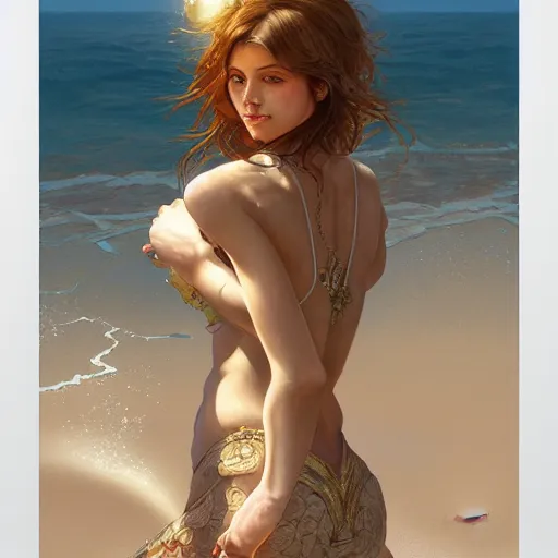 Image similar to Ultra realistic illustration, Siri Dahl at the beach, intricate, elegant, highly detailed, digital painting, artstation, smooth, sharp focus, illustration, art by artgerm and greg rutkowski and alphonse mucha