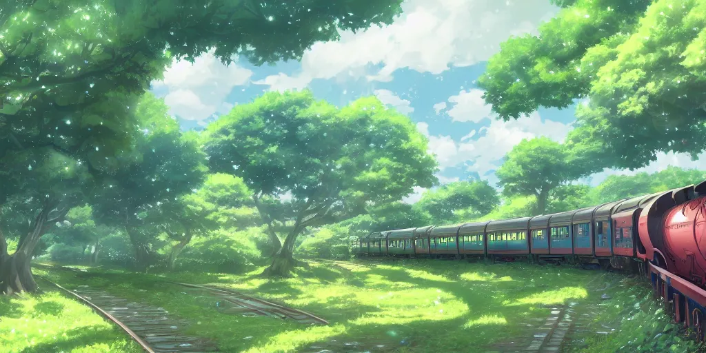 Image similar to A beautiful illustration of beautiful Hogwarts train, castle, leaves, trees, steam, magic, wide angle, by makoto shinkai, Wu daozi, very detailed, deviantart, 8k, wallpaper, tropical, colorful, airy, anime illustration, anime nature wallpap