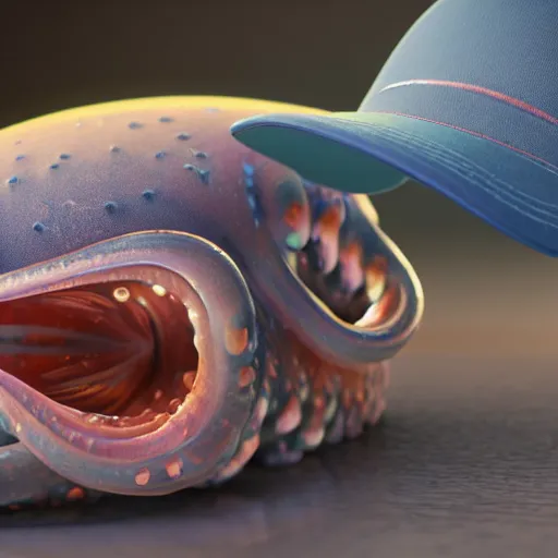 Image similar to hyperrealistic dslr film still of amorphous squid wearing a trucker hat, stunning 8 k octane comprehensive 3 d render, inspired by istvan sandorfi & greg rutkowski & unreal engine, perfect symmetry, dim volumetric cinematic lighting, extremely hyper - detailed, extremely lifelike attributes & lifelike texture, intricate, masterpiece, artstation, stunning