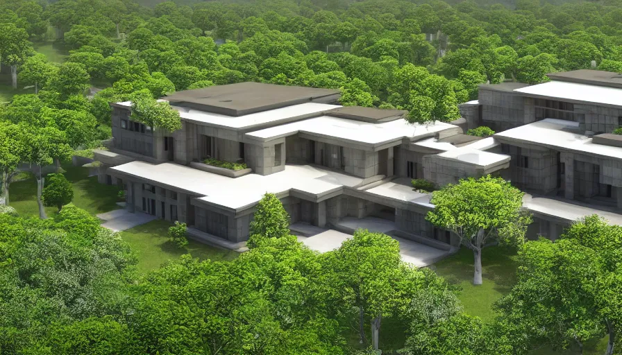 Image similar to modern house with trees in courtyard and big entrance, tibetan inspired architecture, on a green hill, frank lloyd wright, photorealistic, drone view