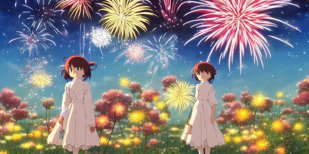 Image similar to the girl and the fireworks. Anime visual of a cozy village in a magical forest. cheerful and peaceful mood. illustrated by Hayao Miyazaki. anime production by Studio Ghibli. high quality, visually stunning, majestic, fall, official media