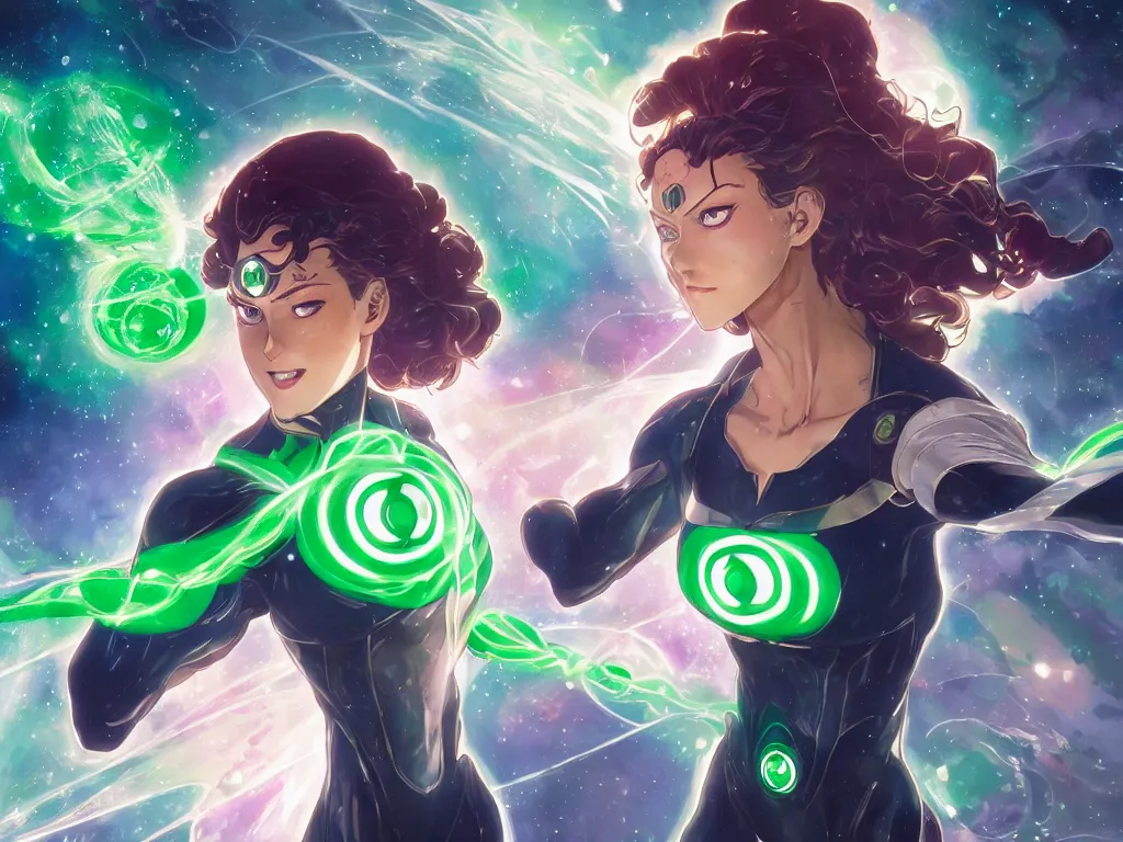 Image similar to anime key visual of one beautiful female green lantern, dc comics, power, hope, glowing, intricate, in space, stunning, highly detailed, digital painting, artstation, smooth, hard focus, illustration, art by artgerm and greg rutkowski and alphonse mucha