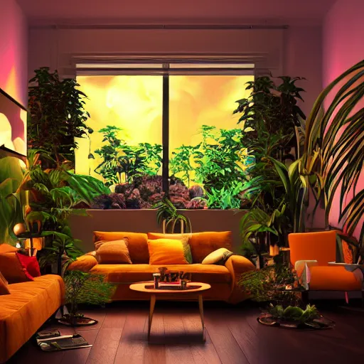 Prompt: a very lightweight dreamy luxury maximalist living room, saltwater aquarium with beautiful tropical fish, candlelight, sunset glow, dark shadows, octane render, volumetric lighting, raytracing, symmetrical wide shot low angle
