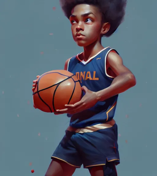 Prompt: portrait of a boy holding a basketball playing basketball wearing a basketball uniform, intricate, elegant, highly detailed, centered, digital painting, artstation, concept art, smooth, sharp focus, illustration, by Peter Mohrbacher, WLOP