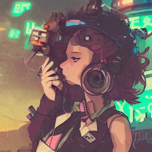 Prompt: close up, a grungy cyberpunk anime, very cute, pose pointing a bow and shouting by super ss, cyberpunk fashion, curly pink hair, night sky by wlop, james jean, victo ngai, highly detailed