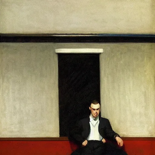 Image similar to portrait of a bored man drinking coffee in an empty restaurant, dimly lit, rule of thirds composition, by edward hopper, andrew wyeth, detailed