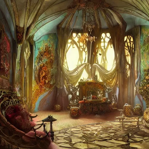 Image similar to a beautiful interior of a fairy castle, fully decorated, furnished with fairy furniture, fairy aesthetics, concept art, by greg rutkowski, alphonso mucha and elena dudina. high details, global illumination