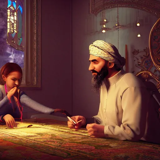 Image similar to prophet muhammed on date with 9 year old aisha, trending on artstation, photorealistic, high resolution, 8 k, octane, hyper detailed, trending on deviantart insane details, intricate, elite, ornate, elegant trend, highly detailed and intricate, sharp focus, photography, unreal engine