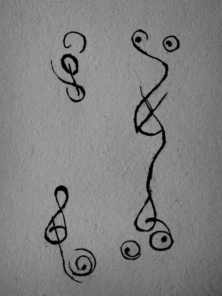 Image similar to a single line of ink art of an acorn that turns into a tree in the shape of a treble clef with a bit of shading, rustic and very simple