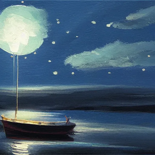 Prompt: a small boat under a moonlit sky with shimmering water. beautiful use of light and shadow to create a sense of depth and movement. using energetic brushwork and a limited color palette, providing a distinctive look and expressive quality in a rhythmic composition