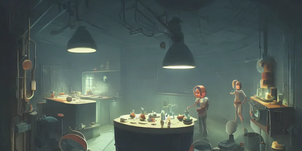 Image similar to cute solitary kitchen dim lit by a candle ripped physique simon stalenhag gerald brom bastien grivet by greg rutkowski, game background, fisheye lens, high angle view, curved lines