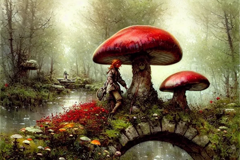 Image similar to nofigure! adventurer ( ( ( ( ( 1 9 5 0 s retro future forrest of giant mushrooms, moss and flowers stone bridge. muted colors. ) ) ) ) ) by jean baptiste monge!!!!!!!!!!!!!!!!!!!!!!!!! chrome red