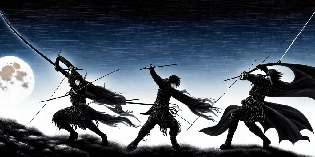 Prompt: korean archer. dragon. night sky. moon. mountain. dark fantasy. high resolution. epic fight. detailed. digital art. dark fantasy. kentaro miura