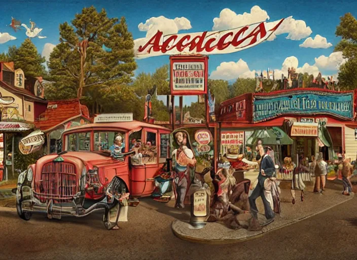 Image similar to americana tourism, lowbrow, matte painting, 3 - d highly detailed, in the style of mark ryden,