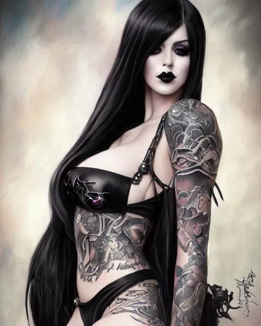 Prompt: portrait of beautiful fully tattooed goth girl cosplay with black hair, black makeup, bikini armor, art by stanley lau and artgem and wlop and magali villeneuve