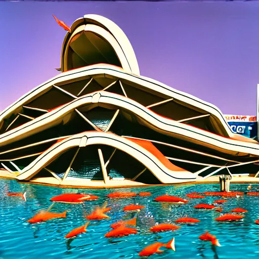 Prompt: 1 9 8 5 crab themed giant aquarium, googie architecture, one point perspective, americana, fishcore, exterior photography, hd 8 k, taken by ansel adams