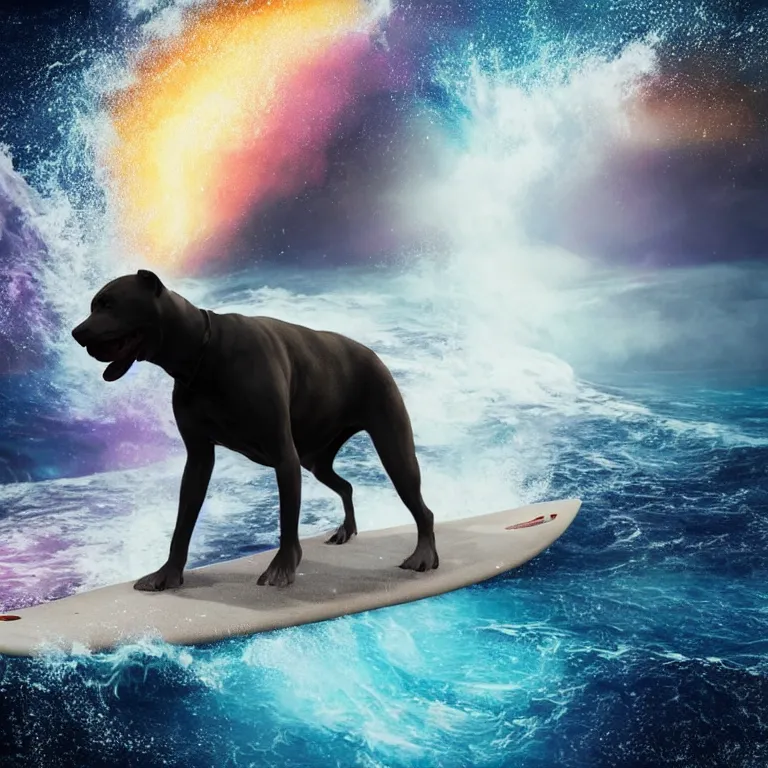 Image similar to photo of a skinny dark gray coat pit bull with a white paws and a white nose!, surfing on a surfboard in a crashing wave of alien galaxy, trending on art station, ocean in space, background is an alien galaxy, aliens in the background, alien colors, octane render, unreal engine, wide view, 8 k, highly detailed