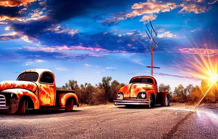 Image similar to A beautiful colorful evening scene of route66, 1950’s old road with abandoned gas station and rusty old pickup truck in the back, hyper realistic, softlight, blinding backlight evening sun, sparkling sun rays, epic scene, intense setting, evening vibe