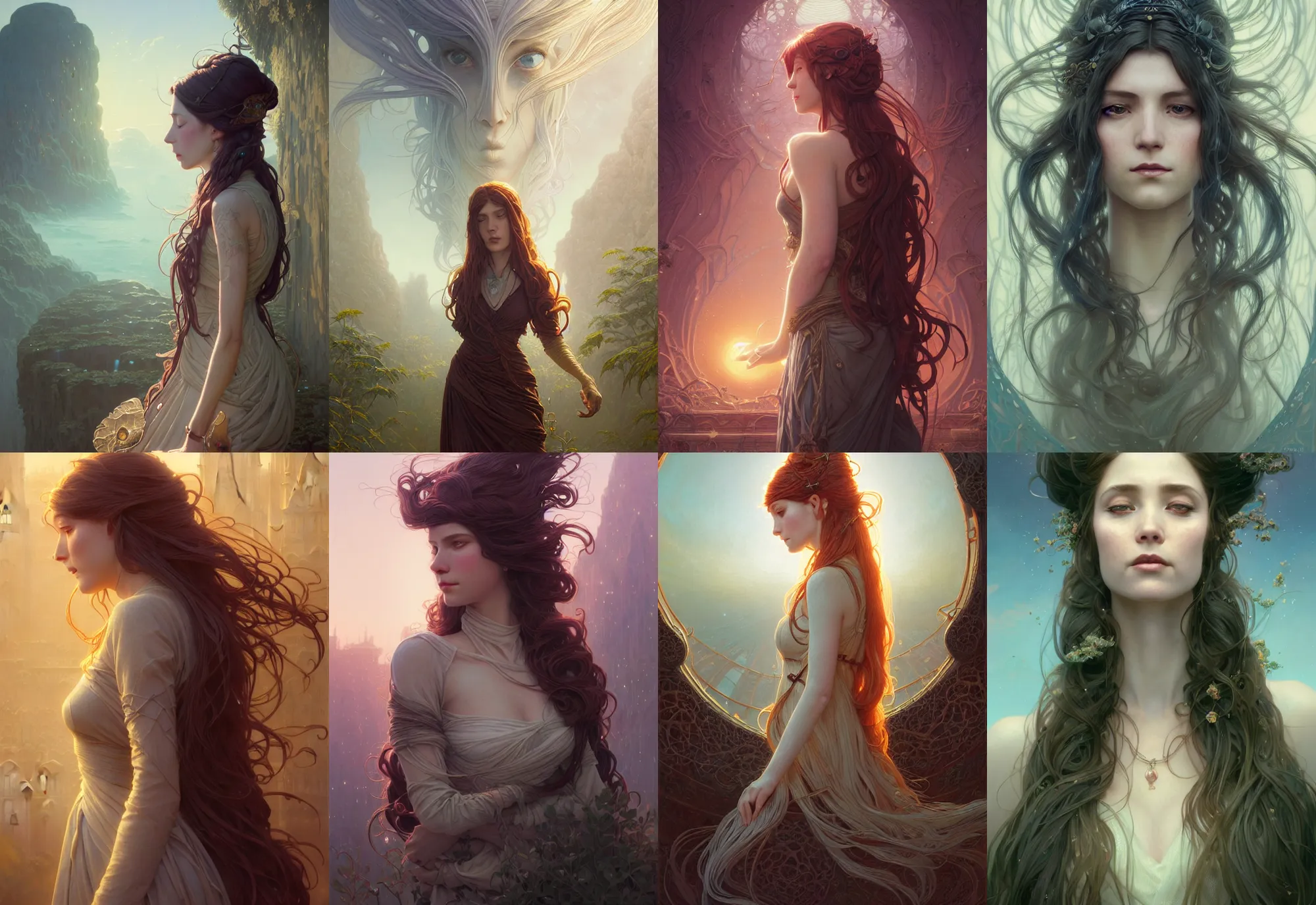 Image similar to highly detailed portrait of a woman with long hairs, stephen bliss, unreal engine, fantasy art by greg rutkowski, art nouveau, loish, rhads, ferdinand knab, makoto shinkai and lois van baarle, ilya kuvshinov, rossdraws, tom bagshaw, alphonse mucha, global illumination, radiant light, detailed and intricate environment