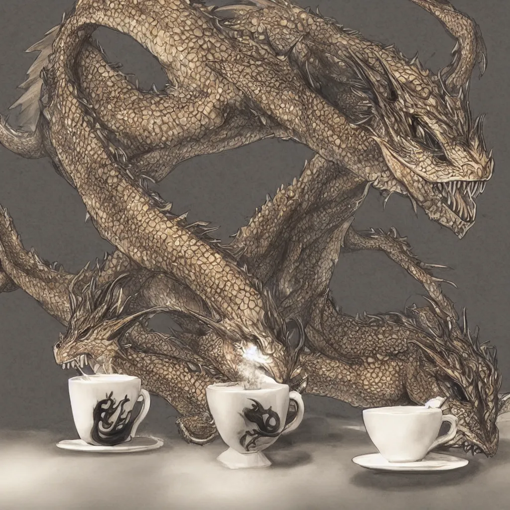 Prompt: Photorealistic dragon drinking coffee