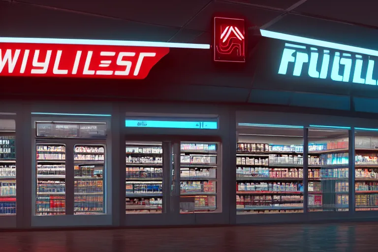 Prompt: a futuristic Walgreens Store, Blade Runner 2049 colors, hyper realistic, cinematic atmosphere, industrial architecture, Octane render, realistic 3D, photorealistic rendering, 8K, intricate details