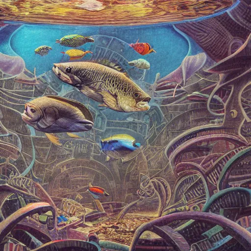 Image similar to fish swimming through the center of a destroyed flooded city, surrealism, deep aesthetic, abstract realism, highly ornate intricate details, 1 9 2 0's colored pencil, 4 k, cinematic lighting,