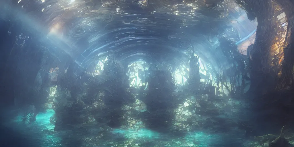 Image similar to an underwater landscape in the abyss, futuristic cathedral underwater, photorealistic, people, fishes, light rays from above the surface, realistic paint, specular light, high contrast, highly detailed, 4k, shallow depth of field, cinematic light, concept art, artstation, art by Enrich Victor, Alphonse Mucha